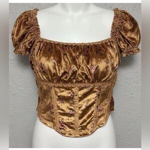 Free People Gold Velvet Floral Corset Top Cottagecore Puff Sleeve Renaissance S
